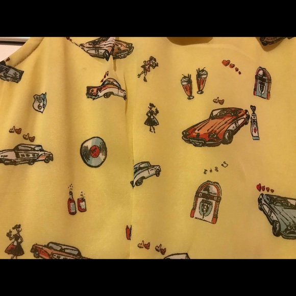 Retro Mod car print UK dress in lemon yellow - Picture 4 of 9